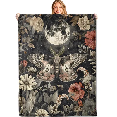 Moon Moth Night Garden Blanket: Celestial Moth and Botanical Art