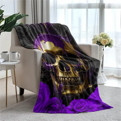 Golden Skull with Purple Blanket: Gothic Art with Gold and Roses