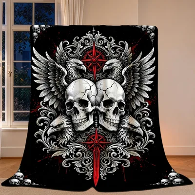 Gothic Skulls with Wings Blanket: Dark Eagle and Skull Art Design