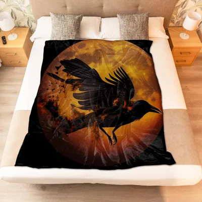 Raven Crow Full Moon Blanket: Gothic Art for Dark Aesthetic Lovers