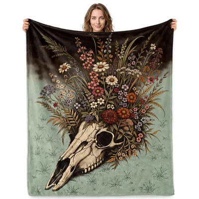 Floral Deer Skull Design Blanket: Gothic Boho Stag Art Throw