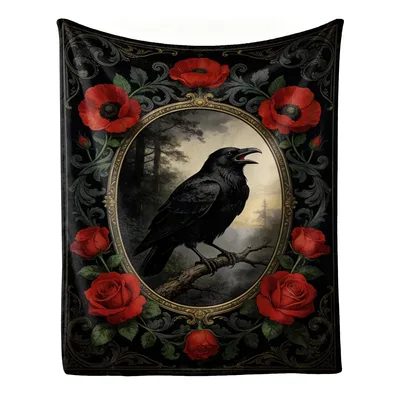 Gothic Crow with Roses Blanket: Vintage Bird and Red Floral Art