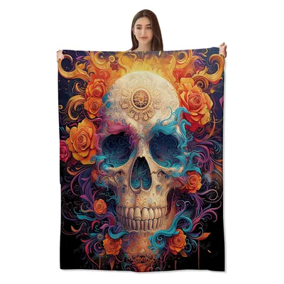 Psychedelic Skull with Roses Blanket: Vibrant Art for Gothic Lovers