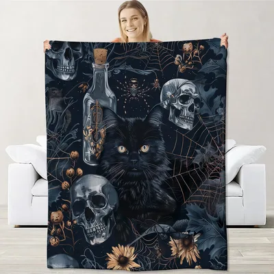 Gothic Skulls and Black Cat Blanket for Dark Aesthetic Lovers