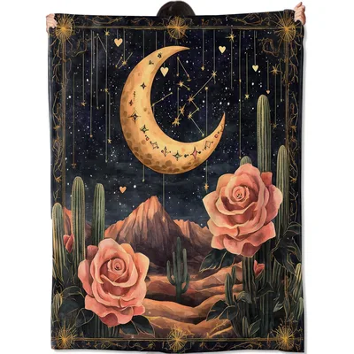 Crescent Moon Cactus Blanket: Gothic Desert Night Sky Art