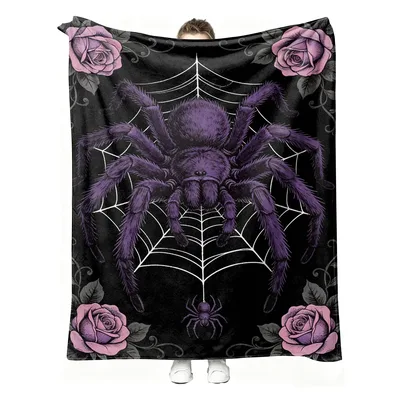 Purple Spider Web Gothic Blanket: Arachnid and Rose Design