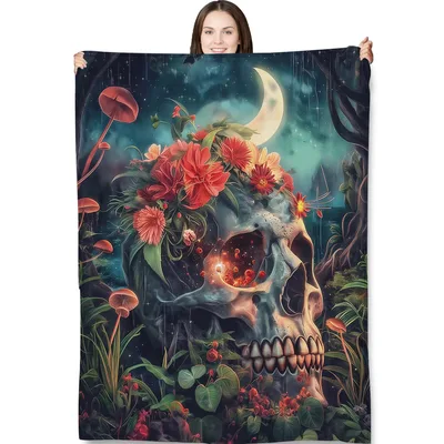 Gothic Floral Skull Moon Blanket: Dark Art with Red Flowers