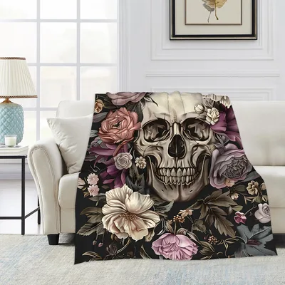 Skull with Roses Vintage Blanket: Gothic Floral Art for Your Home