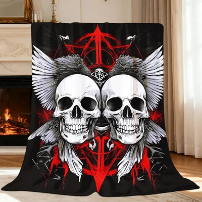 Twin Skulls with Wings Blanket: Gothic Art Design for Dark Aesthetics