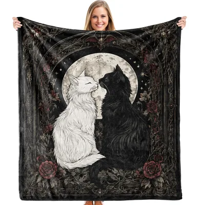 Black and White Cats Under Moon Blanket Gothic Art Design