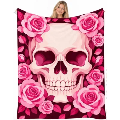 Pink Skull with Roses Blanket: Gothic Floral Art Design