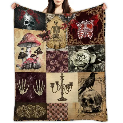 Gothic Retro Collage Skull Blanket: Vintage Art with Roses and Bones