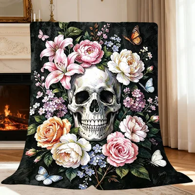 Skull with Flower Bouquet Blanket: Gothic Art Meets Botanical Beauty