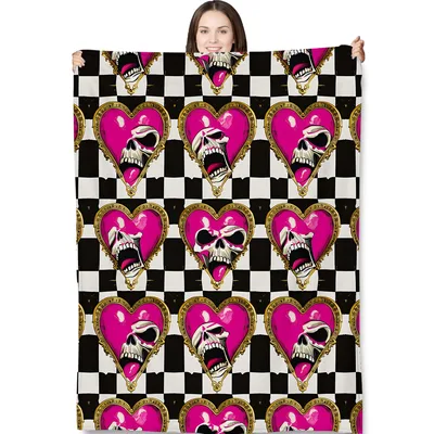 Skull Hearts on Checkered Blanket Gothic Art Design