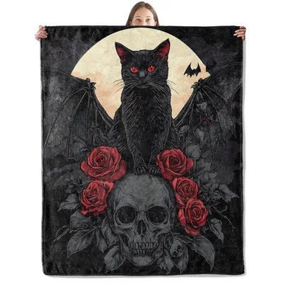 Gothic Black Cat Blanket: Winged Feline with Skull and Roses