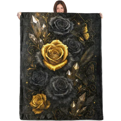 Black and Gold Roses Blanket: Gothic Floral Art with Crystals