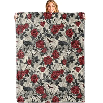 Gothic Red Rose Pattern Blanket with Dark Floral and Raven Design