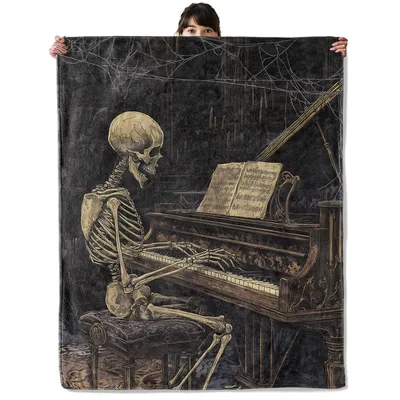 Skeleton Pianist Gothic Art Blanket: Haunted Melody Design