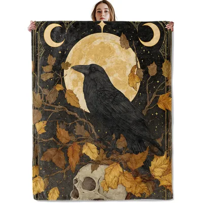 Raven on Skull Full Blanket: Gothic Crow and Moon Art Design