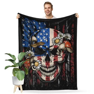 American Flag Skull Blanket: Gothic Design with Flowers and Mushrooms