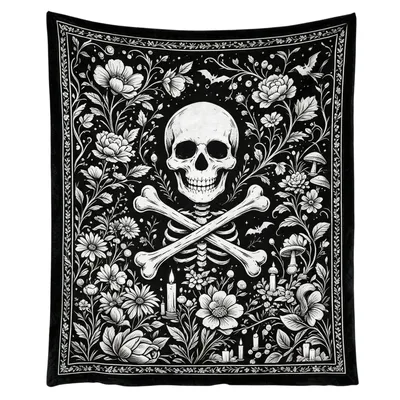 Skull and Crossbones Floral Blanket Gothic Art Design