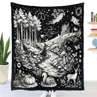 Dark Forest Woodland Creatures Blanket: Spooky Coloring Page Art