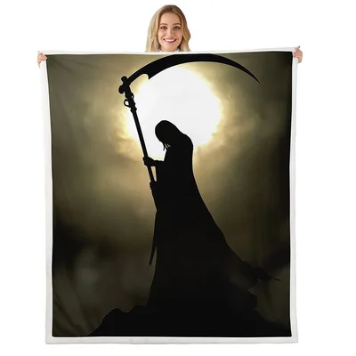 Grim Reaper Silhouette Blanket: Spooky Hooded Figure with Sickle