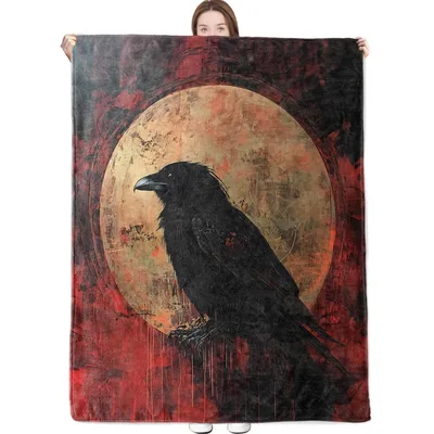 Raven Under Red Moon Blanket: Gothic Art with a Perched Bird