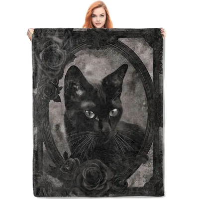 Gothic Black Cat with Roses Blanket featuring a dark feline portrait