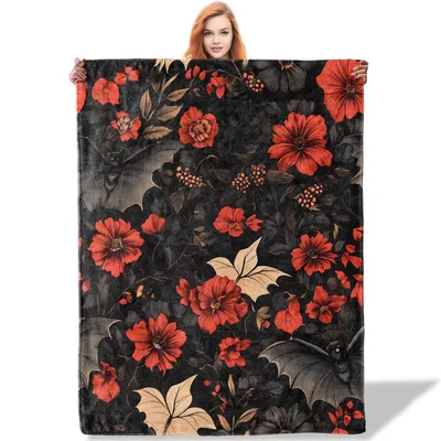 Dark Gothic Red Floral Blanket: Bats and Poppy Art