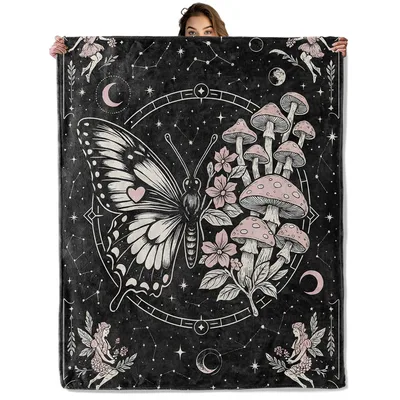 Gothic Butterfly and Mushrooms Blanket: Enchanted Forest Art