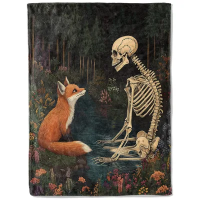 Fox and Skeleton Blanket: A Fox and Skeleton in Forest Design