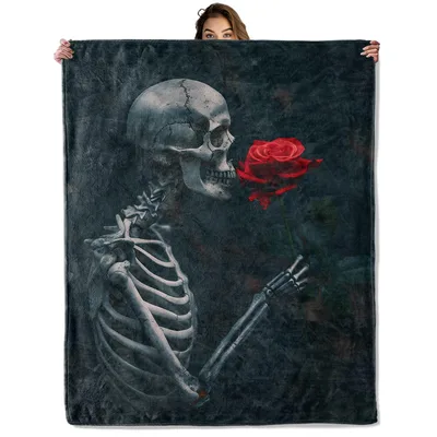 Skeleton Holding Red Rose Blanket: Gothic Skull and Rose Art