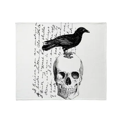 Raven and Skull Vintage Blanket: Gothic Art with Cursive Script