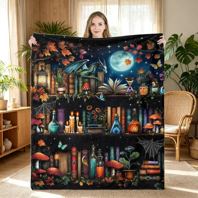 Witchy Dragon Bookshelf Night Blanket for Fantasy Readers