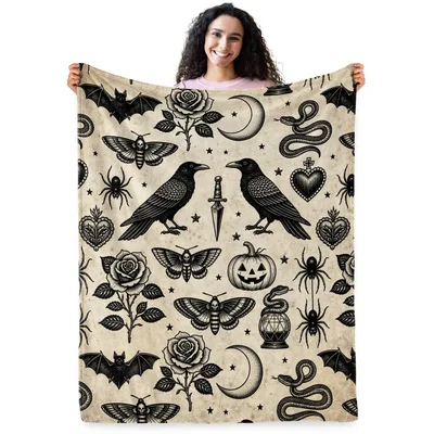 Gothic Crows Moths Snakes Blanket: Vintage Tattoo Style Design