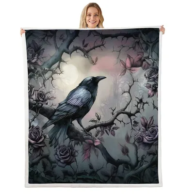 Raven on Branch Blanket: Gothic Crow and Rose Art Design