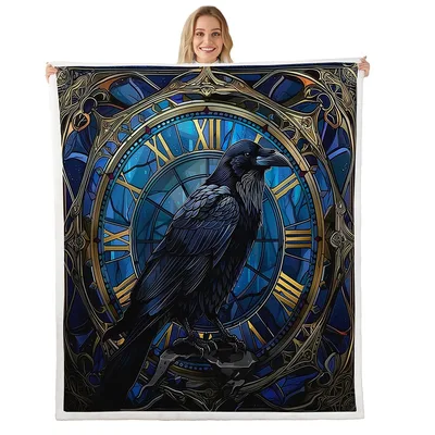 Raven with Antique Clock Blanket: Gothic Stained Glass Art