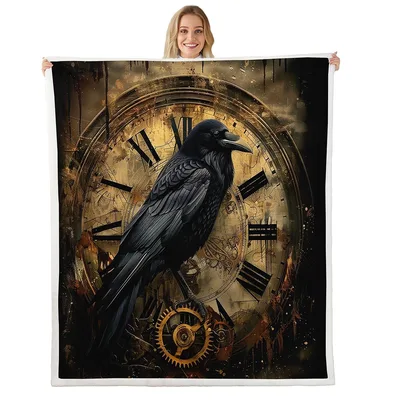 Gothic Raven on Clock Blanket: Steampunk Crow Art for Dark Aesthetics