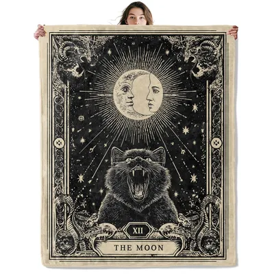 Moon and Black Cat Blanket: The Moon Tarot Design for Mystical Lovers