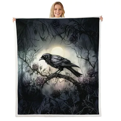 Raven on Branch Under Blanket: Gothic Crow and Moon Art