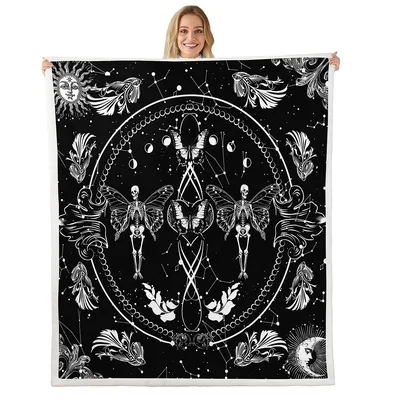 Sun Moon and Skull Blanket: Gothic Mandala with Skeletons and Moths