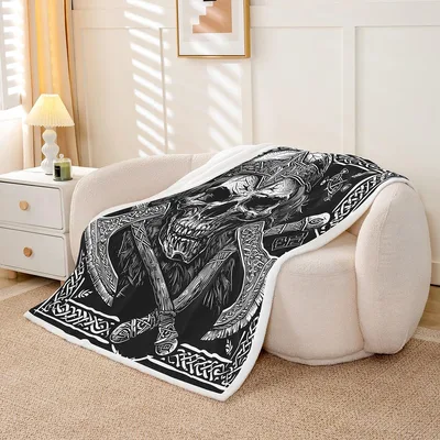 Skull and Viking Totem Blanket: Gothic Norse Skull Design