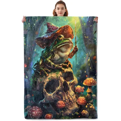 Frog on Skull Blanket: Wizard Frog Sitting on a Skull with Mushrooms