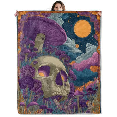 Purple Mushroom Skeleton Moon Blanket for Gothic Horror Lovers