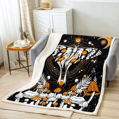 Mystic Sun Moon Mushroom Blanket: Celestial Butterfly and Fungi Art