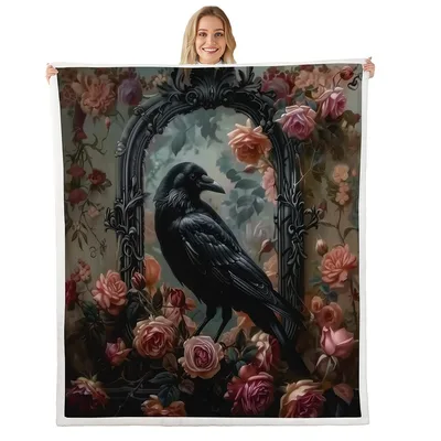 Raven in Gothic Rose Archway Blanket featuring a black crow perched