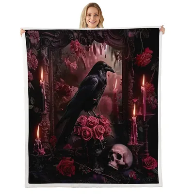 Raven Skull Candles Gothic Blanket Dark Art Design