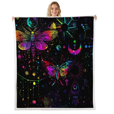 Boho Sun Moon Moth Blanket Trippy Celestial Galaxy Art Throw