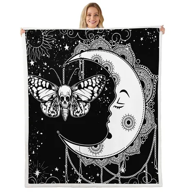 Gothic Moth Moon Skull Blanket: Tribal Mandala Design